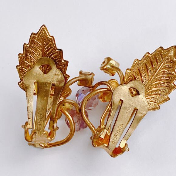 Vintage Austria Purple Floral Clip On Earrings AB Rhinestone Beads Gold Tone - Picture 10 of 11